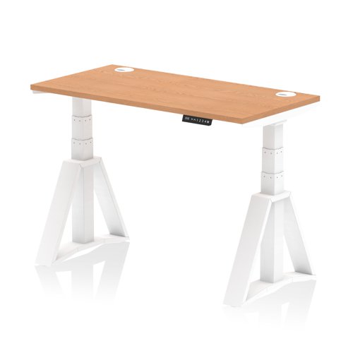 Air 1200 x 600mm Height Adjustable Office Desk Oak Top Cable Ports White Leg with Piste Foot