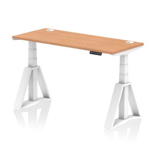 Air 1400 x 600mm Height Adjustable Office Desk Oak Top Cable Ports White Leg with Piste Foot
