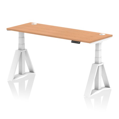 Air 1600 x 600mm Height Adjustable Office Desk Oak Top Cable Ports White Leg with Piste Foot