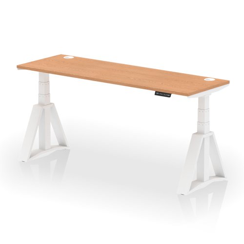 Air 1800 x 600mm Height Adjustable Office Desk Oak Top Cable Ports White Leg with Piste Foot