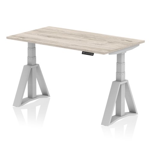 Air 1400 x 800mm Height Adjustable Office Desk Grey Oak Top Silver Leg with Piste Foot