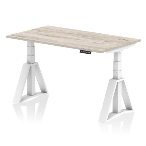 Air 1400 x 800mm Height Adjustable Office Desk Grey Oak Top White Leg with Piste Foot