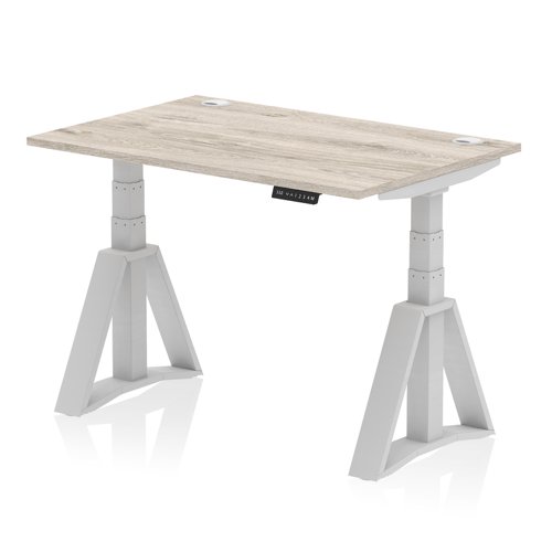 Air 1200 x 800mm Height Adjustable Office Desk Grey Oak Top Cable Ports Silver Leg with Piste Foot