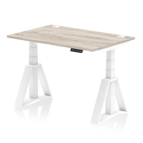 Air 1200 x 800mm Height Adjustable Office Desk Grey Oak Top Cable Ports White Leg with Piste Foot