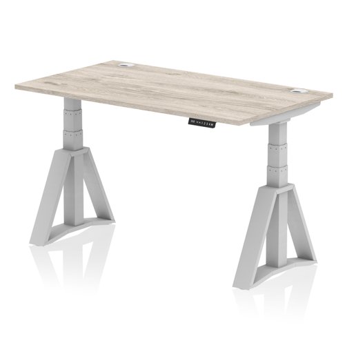 Air 1400 x 800mm Height Adjustable Office Desk Grey Oak Top Cable Ports Silver Leg with Piste Foot