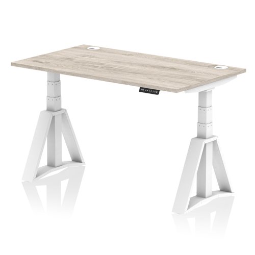 Air 1400 x 800mm Height Adjustable Office Desk Grey Oak Top Cable Ports White Leg with Piste Foot