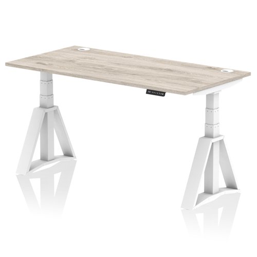 Air 1600 x 800mm Height Adjustable Office Desk Grey Oak Top Cable Ports White Leg with Piste Foot