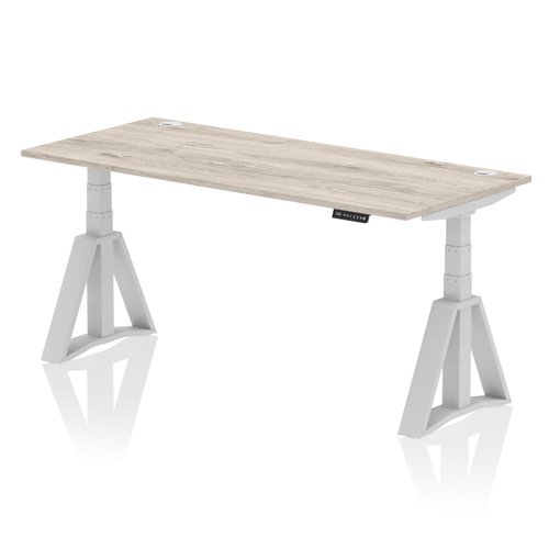 Air 1800 x 800mm Height Adjustable Office Desk Grey Oak Top Cable Ports Silver Leg with Piste Foot