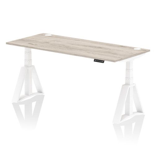 Air 1800 x 800mm Height Adjustable Office Desk Grey Oak Top Cable Ports White Leg with Piste Foot