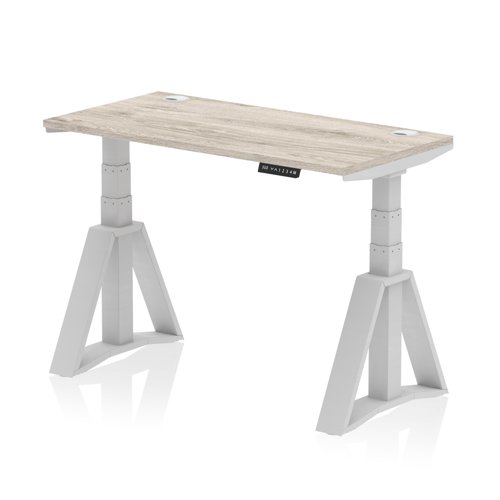 Air 1200 x 600mm Height Adjustable Office Desk Grey Oak Top Cable Ports Silver Leg with Piste Foot