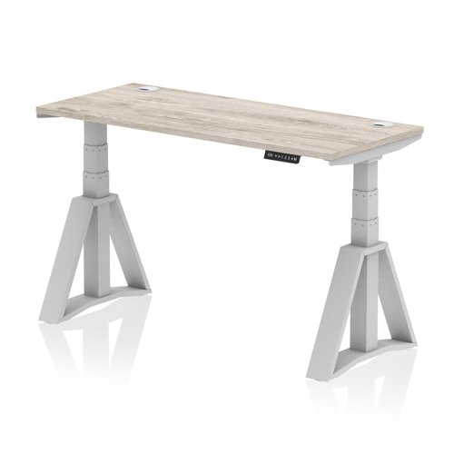 Air 1400 x 600mm Height Adjustable Office Desk Grey Oak Top Cable Ports Silver Leg with Piste Foot