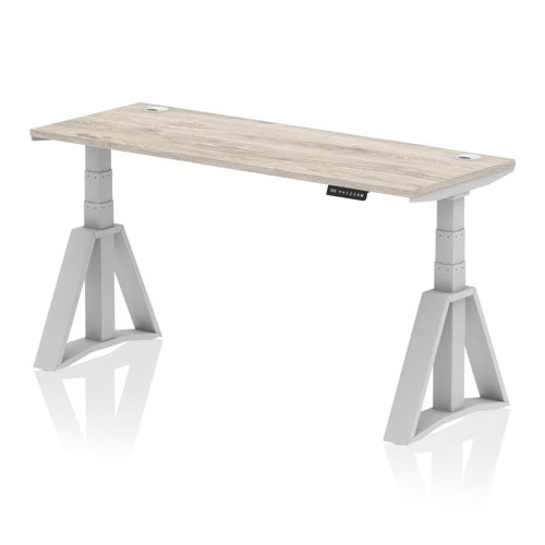 Air 1600 x 600mm Height Adjustable Office Desk Grey Oak Top Cable Ports Silver Leg with Piste Foot