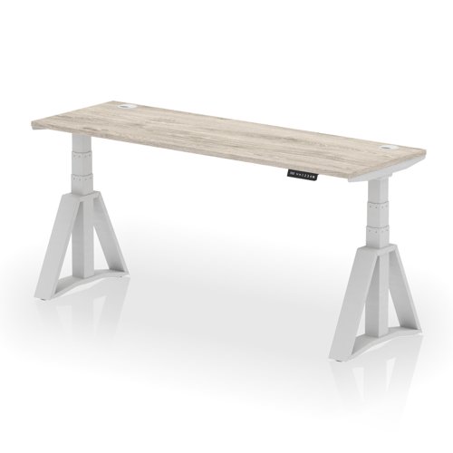 Air 1800 x 600mm Height Adjustable Office Desk Grey Oak Top Cable Ports Silver Leg with Piste Foot