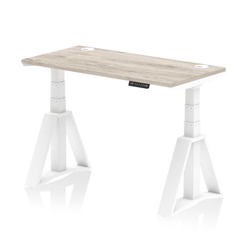 Air 1200 x 600mm Height Adjustable Office Desk Grey Oak Top Cable Ports White Leg with Piste Foot