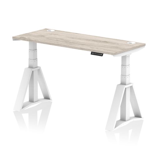 Air 1400 x 600mm Height Adjustable Office Desk Grey Oak Top Cable Ports White Leg with Piste Foot