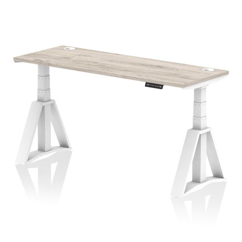 Air 1600 x 600mm Height Adjustable Office Desk Grey Oak Top Cable Ports White Leg with Piste Foot