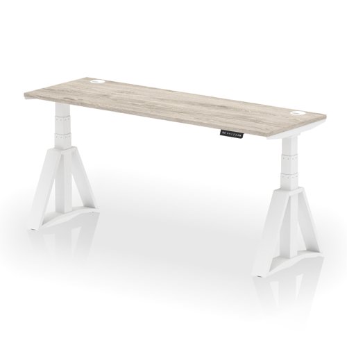 Air 1800 x 600mm Height Adjustable Office Desk Grey Oak Top Cable Ports White Leg with Piste Foot