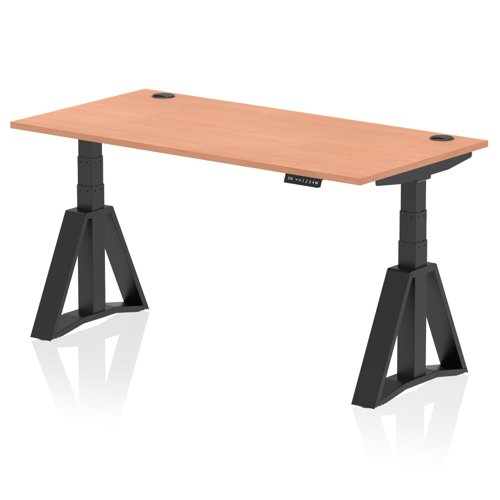 Air 1600 x 800mm Height Adjustable Office Desk Beech Top Cable Ports Black Leg with Piste Foot