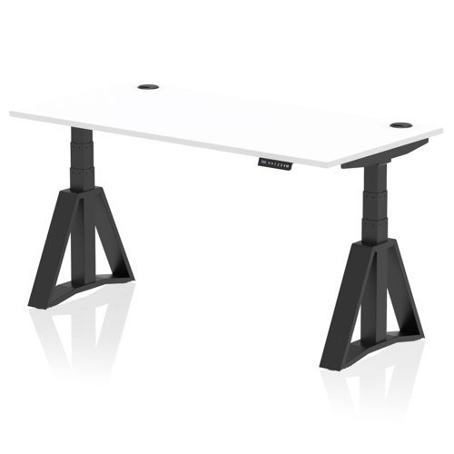 Air 1600 x 800mm Height Adjustable Office Desk White Top Cable Ports Black Leg with Piste Foot