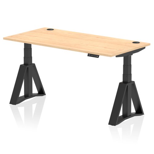 Air 1600 x 800mm Height Adjustable Office Desk Maple Top Cable Ports Black Leg with Piste Foot