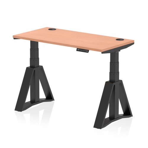 Air 1200 x 600mm Height Adjustable Office Desk Beech Top Cable Ports Black Leg with Piste Foot