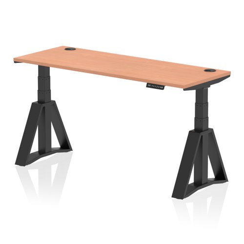 Air 1600 x 600mm Height Adjustable Office Desk Beech Top Cable Ports Black Leg with Piste Foot