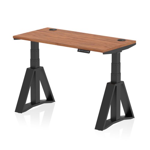 Air 1200 x 600mm Height Adjustable Office Desk Walnut Top Cable Ports Black Leg with Piste Foot