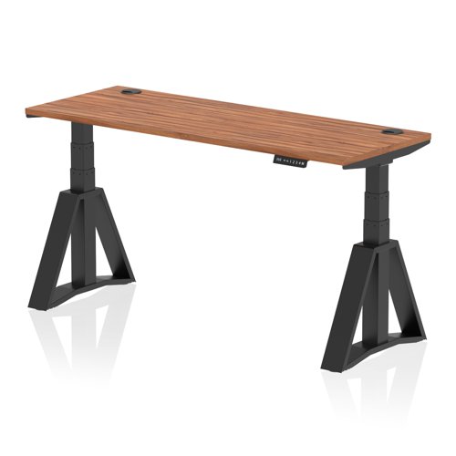 Air 1600 x 600mm Height Adjustable Office Desk Walnut Top Cable Ports Black Leg with Piste Foot