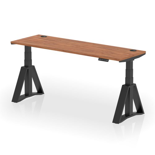 Air 1800 x 600mm Height Adjustable Office Desk Walnut Top Cable Ports Black Leg with Piste Foot