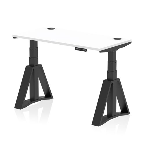 Air 1200 x 600mm Height Adjustable Office Desk White Top Cable Ports Black Leg with Piste Foot