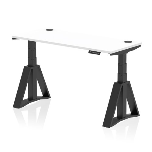 Air 1400 x 600mm Height Adjustable Office Desk White Top Cable Ports Black Leg with Piste Foot