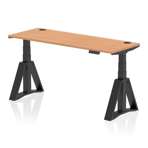 Air 1600 x 600mm Height Adjustable Office Desk Oak Top Cable Ports Black Leg with Piste Foot