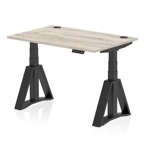 Air 1200 x 800mm Height Adjustable Office Desk Grey Oak Top Cable Ports Black Leg with Piste Foot