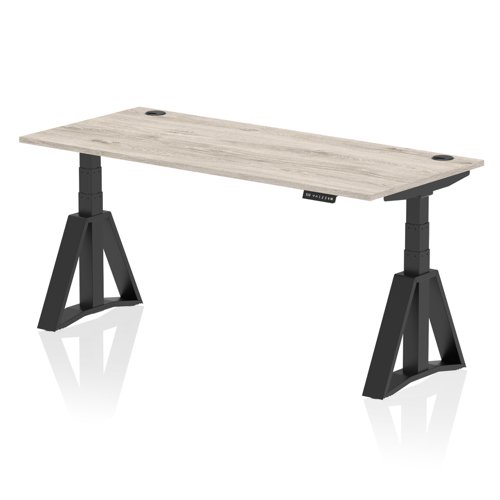 Air 1800 x 800mm Height Adjustable Office Desk Grey Oak Top Cable Ports Black Leg with Piste Foot