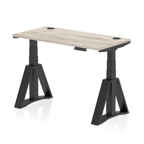 Air 1200 x 600mm Height Adjustable Office Desk Grey Oak Top Cable Ports Black Leg with Piste Foot