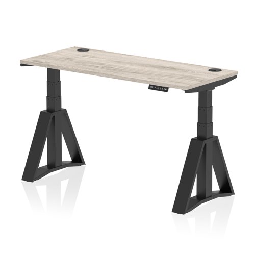 Air 1400 x 600mm Height Adjustable Office Desk Grey Oak Top Cable Ports Black Leg with Piste Foot