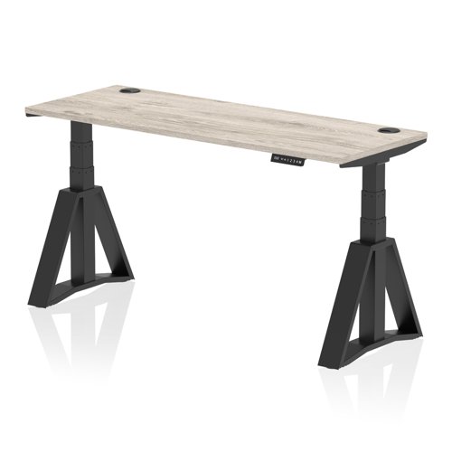 Air 1600 x 600mm Height Adjustable Office Desk Grey Oak Top Cable Ports Black Leg with Piste Foot