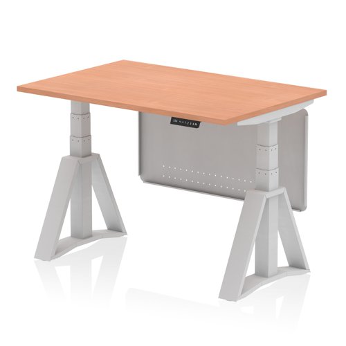Air Modesty 1200 x 800mm Height Adjustable Office Desk Beech Top Silver Leg With Silver Steel Modesty Panel with Piste Foot