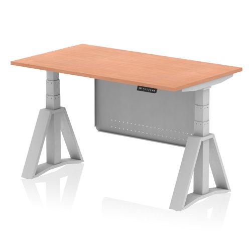 Air Modesty 1400 x 800mm Height Adjustable Office Desk Beech Top Silver Leg With Silver Steel Modesty Panel with Piste Foot
