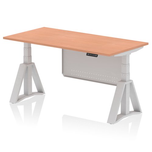 Air Modesty 1600 x 800mm Height Adjustable Office Desk Beech Top Silver Leg With Silver Steel Modesty Panel with Piste Foot