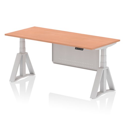 Air Modesty 1800 x 800mm Height Adjustable Office Desk Beech Top Silver Leg With Silver Steel Modesty Panel with Piste Foot