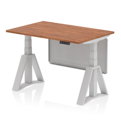 Air Modesty 1200 x 800mm Height Adjustable Office Desk Walnut Top Silver Leg With Silver Steel Modesty Panel with Piste Foot