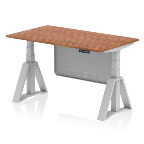 Air Modesty 1400 x 800mm Height Adjustable Office Desk Walnut Top Silver Leg With Silver Steel Modesty Panel with Piste Foot