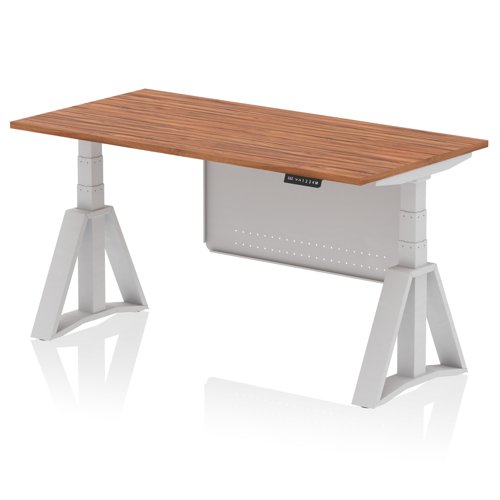 Air Modesty 1600 x 800mm Height Adjustable Office Desk Walnut Top Silver Leg With Silver Steel Modesty Panel with Piste Foot