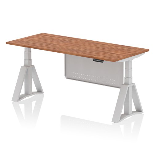 Air Modesty 1800 x 800mm Height Adjustable Office Desk Walnut Top Silver Leg With Silver Steel Modesty Panel with Piste Foot