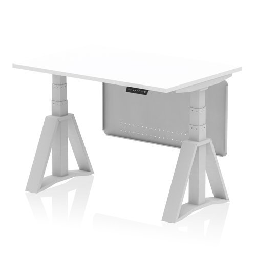 Air Modesty 1200 x 800mm Height Adjustable Office Desk White Top Silver Leg With Silver Steel Modesty Panel with Piste Foot