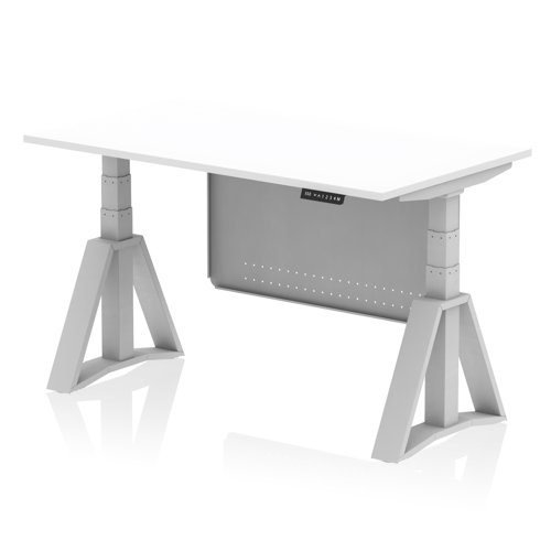 Air Modesty 1400 x 800mm Height Adjustable Office Desk White Top Silver Leg With Silver Steel Modesty Panel with Piste Foot