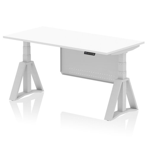 Air Modesty 1600 x 800mm Height Adjustable Office Desk White Top Silver Leg With Silver Steel Modesty Panel with Piste Foot