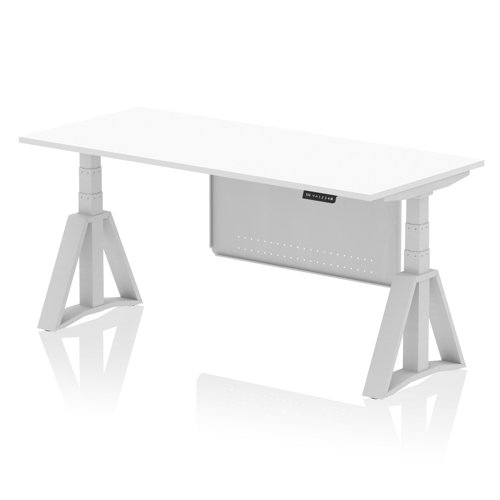 Air Modesty 1800 x 800mm Height Adjustable Office Desk White Top Silver Leg With Silver Steel Modesty Panel with Piste Foot