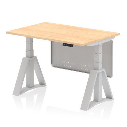Air Modesty 1200 x 800mm Height Adjustable Office Desk Maple Top Silver Leg With Silver Steel Modesty Panel with Piste Foot